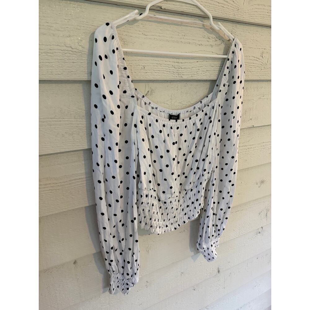 AFRM White & Black Polka Dot Smocked Crop Top Long Sleeve Blouse Large - Picture 3 of 8